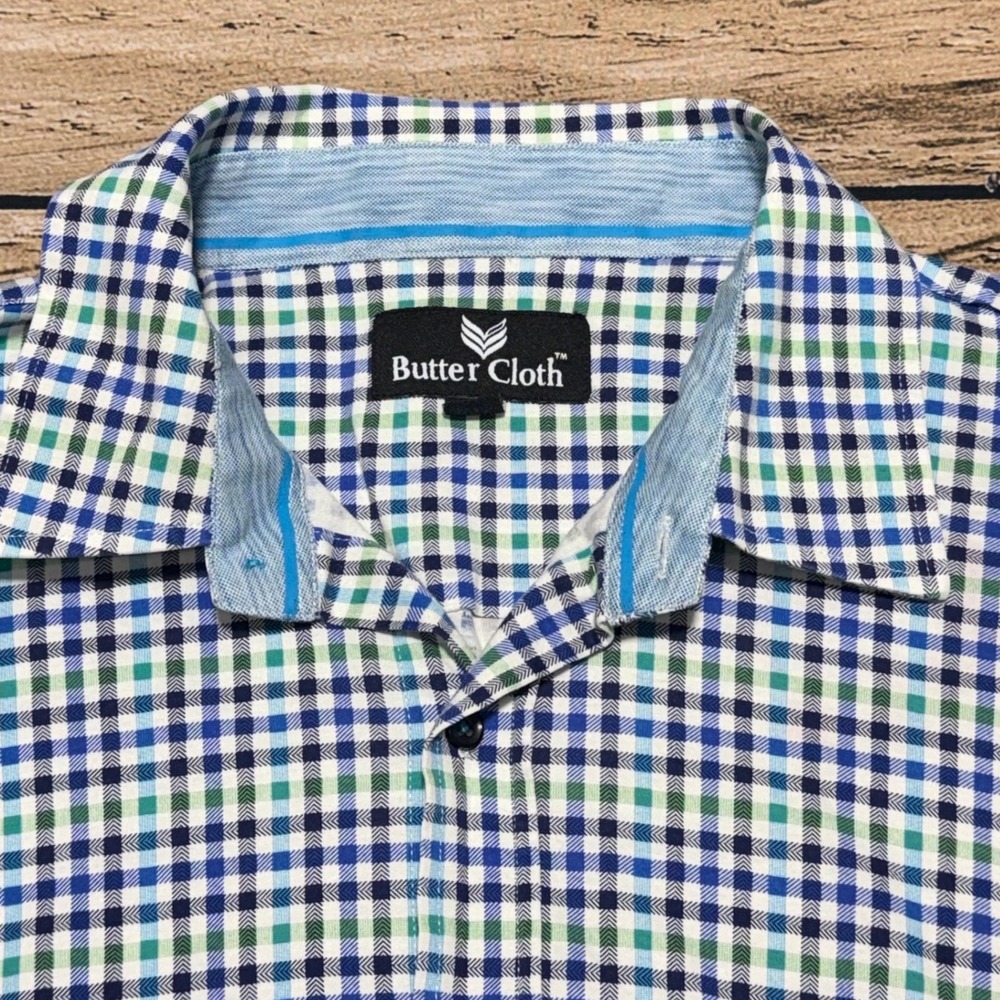 Butter Cloth Button Down Shirt Mens 2XL Blue Green Gingham Long Sleeve Casual